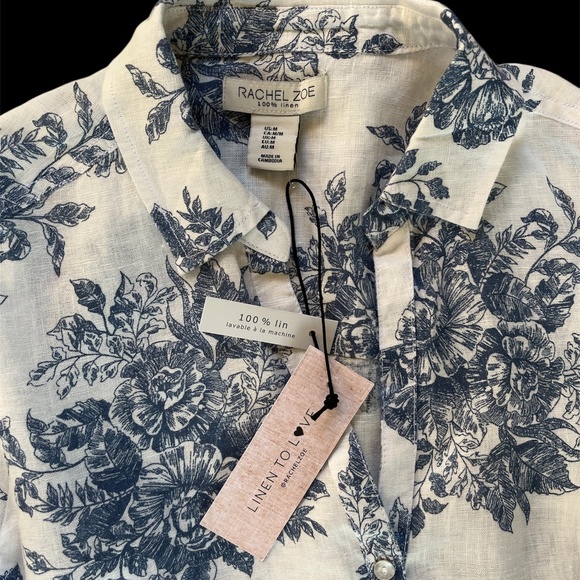 NWT Rachel Zoe blue and white button front blouse, size medium, 100% linen. - Picture 4 of 4